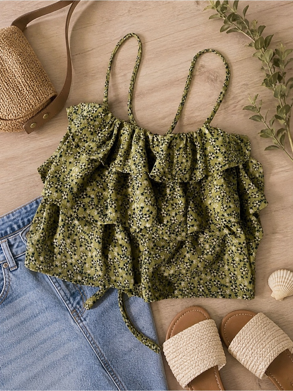 ILLA ILLA Olive Floral Boho Crop Top - Size S